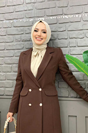 Cep ve Düğme Görünümlü Uzun Ceket Pantolon Takım 8357 Kahverengi