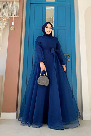 Omuz Şerit Detay Bel Bağlamalı Tül Abiye Elbise 3964 Lacivert