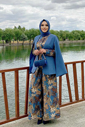 Pelerin Kol Görünümlü Düz Astarlı Ceket 7666 İndigo