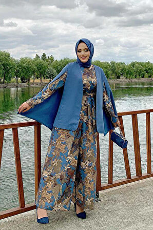 Pelerin Kol Görünümlü Düz Astarlı Ceket 7666 İndigo