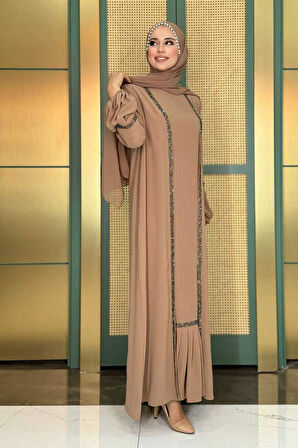 Taş Detaylı Abaya Sıfır Kol Elbise Takım 3657 Vizon