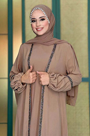 Taş Detaylı Abaya Sıfır Kol Elbise Takım 3657 Vizon