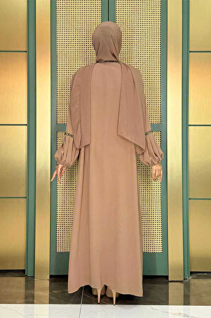 Taş Detaylı Abaya Sıfır Kol Elbise Takım 3657 Vizon