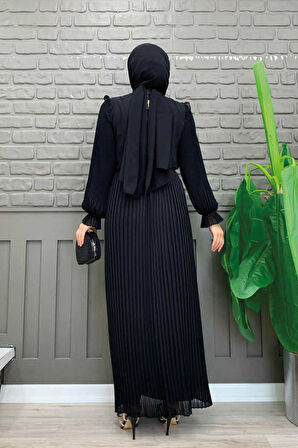 Piliseli Omuz Kısmı Dantel Görünümlü Yaka Detay Elbise 3726 Siyah