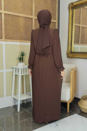 Piliseli Omuz Kısmı Dantel Görünümlü Yaka Detay Elbise 3726 Kahverengi