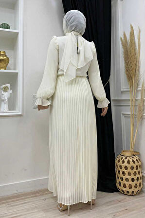 Piliseli Omuz Kısmı Dantel Görünümlü Yaka Detay Elbise 3726 Ekru