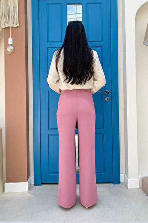 Bym Fashion Fermuarlı Yırtmaç Detaylı Cepli Krep Pantolon 0271 Pudra