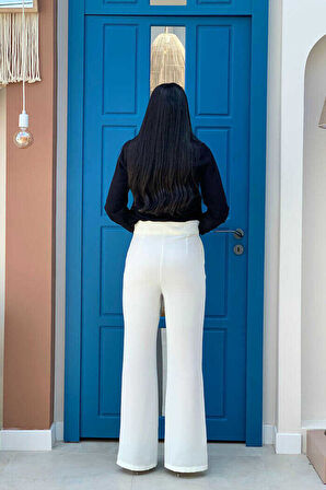 Bym Fashion Fermuarlı Yırtmaç Detaylı Cepli Krep Pantolon 0271 Ekru