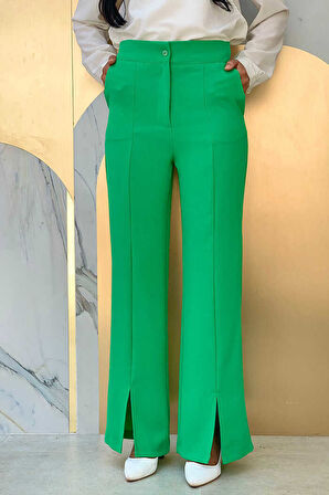 Bym Fashion Fermuarlı Yırtmaç Detaylı Cepli Krep Pantolon 0271 Yeşil
