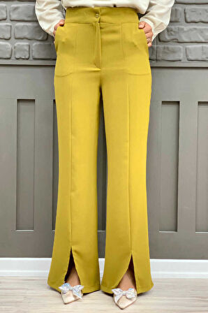 Bym Fashion Fermuarlı Yırtmaç Detaylı Cepli Krep Pantolon 0271 Hardal