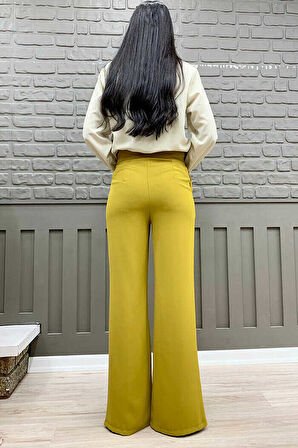Bym Fashion Fermuarlı Yırtmaç Detaylı Cepli Krep Pantolon 0271 Hardal