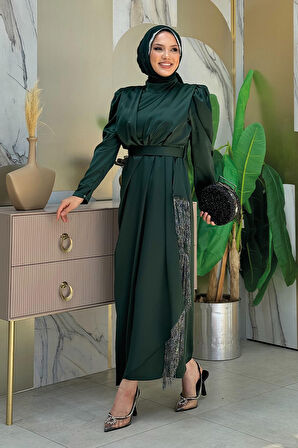 Etek Püskül Detay Kemer Aksesuarlı Saten Abiye Elbise 3763 Zümrüt