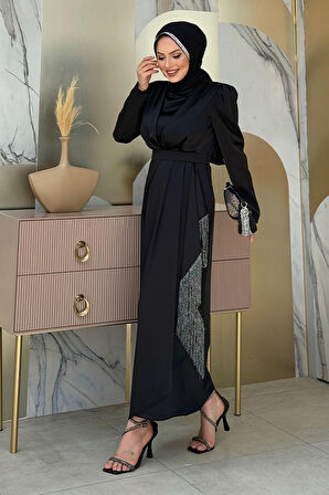 Etek Püskül Detay Kemer Aksesuarlı Saten Abiye Elbise 3763 Siyah