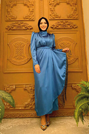 Etek Püskül Detay Kemer Aksesuarlı Saten Abiye Elbise 3763 İndigo