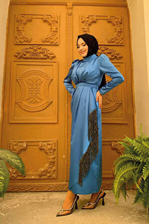 Etek Püskül Detay Kemer Aksesuarlı Saten Abiye Elbise 3763 İndigo