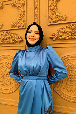 Etek Püskül Detay Kemer Aksesuarlı Saten Abiye Elbise 3763 İndigo