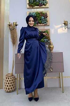 Etek Püskül Detay Kemer Aksesuarlı Saten Abiye Elbise 3763 Lacivert