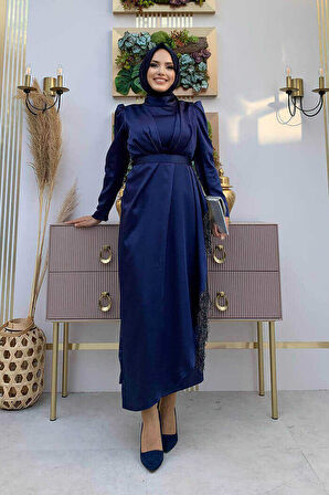 Etek Püskül Detay Kemer Aksesuarlı Saten Abiye Elbise 3763 Lacivert
