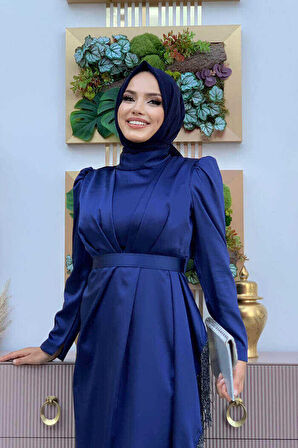Etek Püskül Detay Kemer Aksesuarlı Saten Abiye Elbise 3763 Lacivert