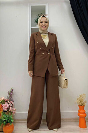 Düğme Detay Blazer Ceket Bol Pantolon Takım 8302 Kahverengi