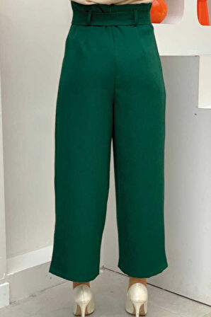 Fermuarlı Bel Bağcıklı Pantolon 0174 Zümrüt