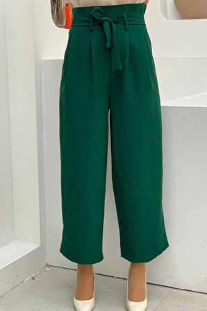 Fermuarlı Bel Bağcıklı Pantolon 0174 Zümrüt