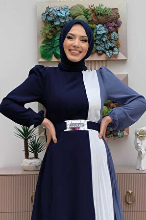 Üç Renkli Bel Kemer Pilise Detay Elbise 3622 Lacivert