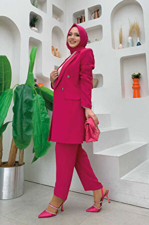 Düğme Detaylı Kısa Ceket Pantolon Takım 8352 Fuşya