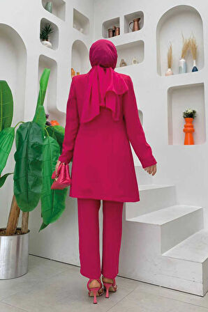 Düğme Detaylı Kısa Ceket Pantolon Takım 8352 Fuşya