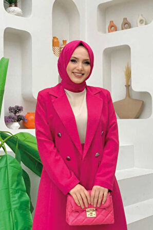 Düğme Detaylı Kısa Ceket Pantolon Takım 8352 Fuşya