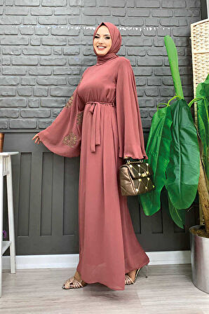 Yarasakol Tek Kol Baskılı Şifon Astarlı Abiye Elbise 3539 Gül Kurusu