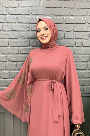 Yarasakol Tek Kol Baskılı Şifon Astarlı Abiye Elbise 3539 Gül Kurusu