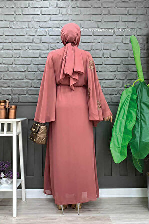 Yarasakol Tek Kol Baskılı Şifon Astarlı Abiye Elbise 3539 Gül Kurusu