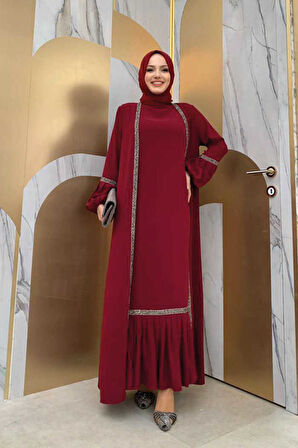 Taş Detaylı Abaya Sıfır Kol Elbise Takım 3657 Bordo
