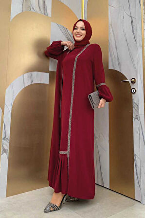 Taş Detaylı Abaya Sıfır Kol Elbise Takım 3657 Bordo