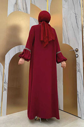 Taş Detaylı Abaya Sıfır Kol Elbise Takım 3657 Bordo