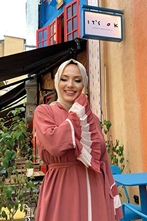 Kol ve Etek Ucu İki Renkli Bel Kuşaklı Piliseli Abaya 7454 Gül Kurusu