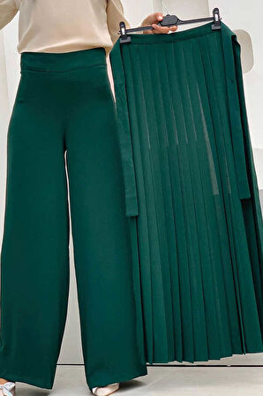 Bym Fashion Piliseli Ayrı Bağlamalı Parça Detaylı Pantolon Etek 0274 Zümrüt