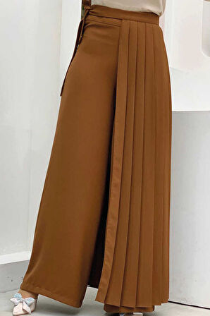 Bym Fashion Piliseli Ayrı Bağlamalı Parça Detaylı Pantolon Etek 0274 Taba
