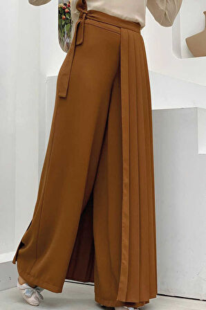 Bym Fashion Piliseli Ayrı Bağlamalı Parça Detaylı Pantolon Etek 0274 Taba
