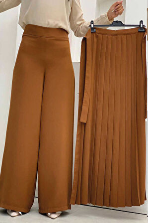 Bym Fashion Piliseli Ayrı Bağlamalı Parça Detaylı Pantolon Etek 0274 Taba