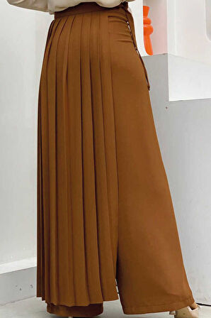 Bym Fashion Piliseli Ayrı Bağlamalı Parça Detaylı Pantolon Etek 0274 Taba