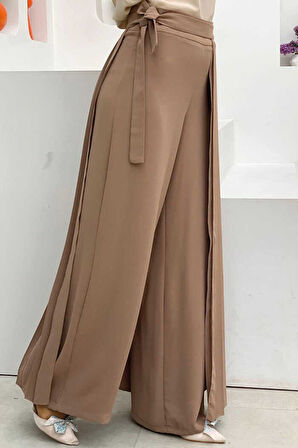 Bym Fashion Piliseli Ayrı Bağlamalı Parça Detaylı Pantolon Etek 0274 Vizon