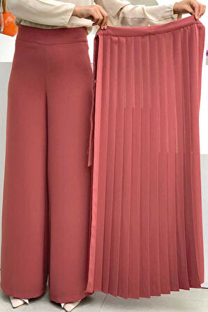 Bym Fashion Piliseli Ayrı Bağlamalı Parça Detaylı Pantolon Etek 0274 Gül Kurusu