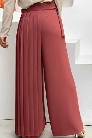 Bym Fashion Piliseli Ayrı Bağlamalı Parça Detaylı Pantolon Etek 0274 Gül Kurusu