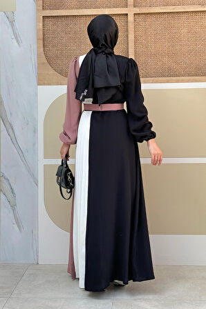 Üç Renkli Bel Kemer Pilise Detay Elbise 3622 Pudra