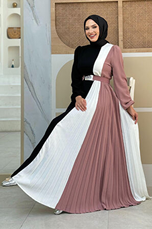 Üç Renkli Bel Kemer Pilise Detay Elbise 3622 Pudra