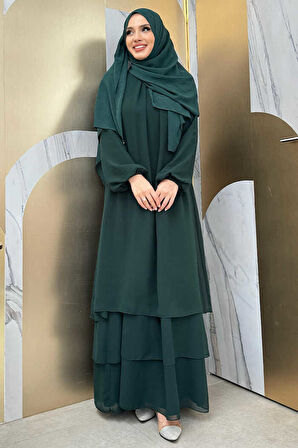 Kat Kat Görünüm Kol Manşetleri Lastikli Şifon Elbise 3060 Zümrüt