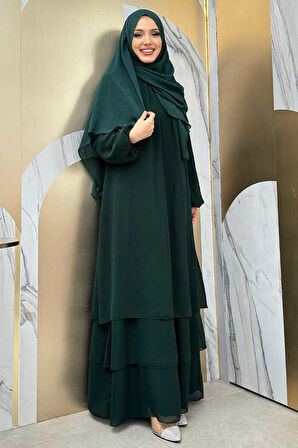 Kat Kat Görünüm Kol Manşetleri Lastikli Şifon Elbise 3060 Zümrüt