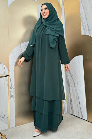 Kat Kat Görünüm Kol Manşetleri Lastikli Şifon Elbise 3060 Zümrüt